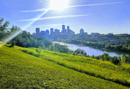 edmonton skyline from grassy hill