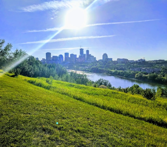 edmonton skyline from grassy hill